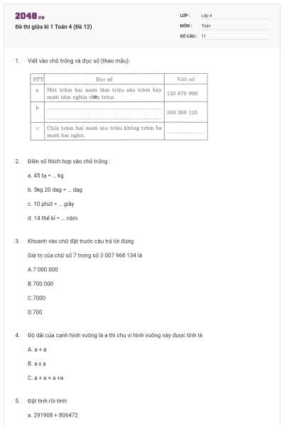 Đề thi giữa kì 1 Toán 4 (Đề 12)