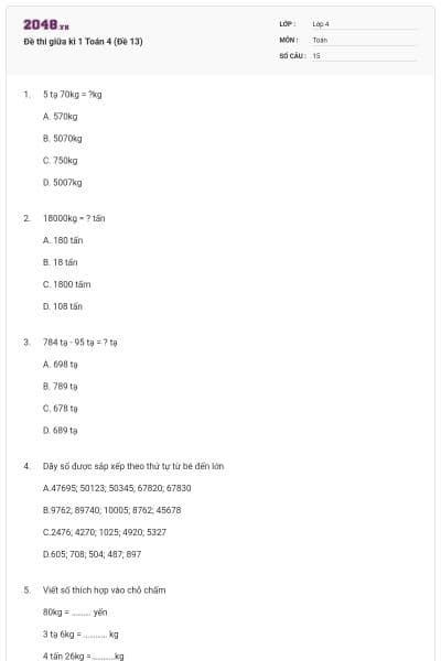 Đề thi giữa kì 1 Toán 4 (Đề 13)