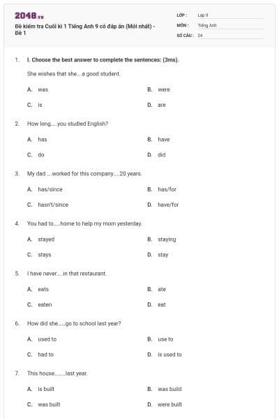 Đề kiểm tra Cuối kì 1 Tiếng Anh 9 có đáp án (Mới nhất) - Đề 1