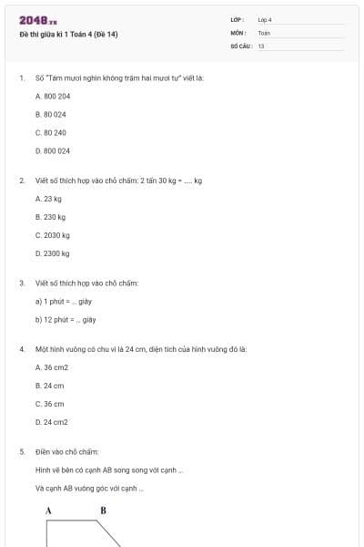 Đề thi giữa kì 1 Toán 4 (Đề 14)