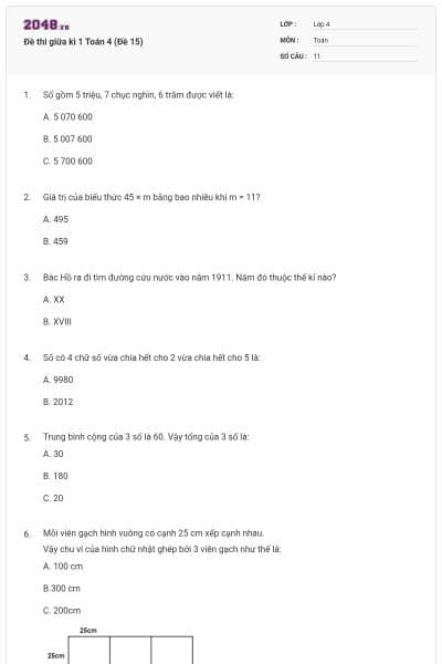 Đề thi giữa kì 1 Toán 4 (Đề 15)