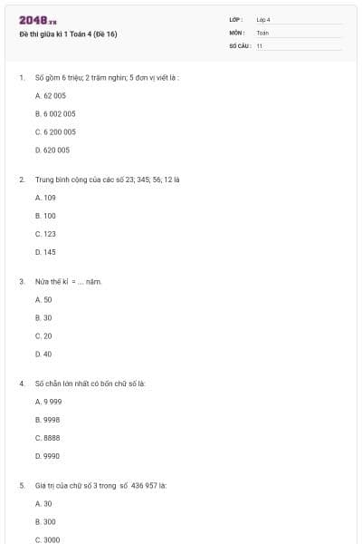 Đề thi giữa kì 1 Toán 4 (Đề 16)