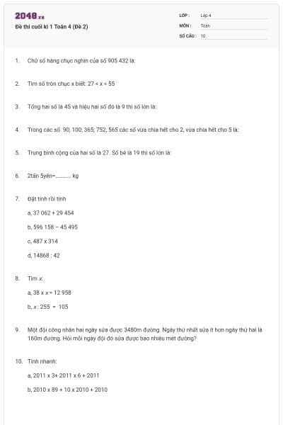Đề thi cuối kì 1 Toán 4 (Đề 2)
