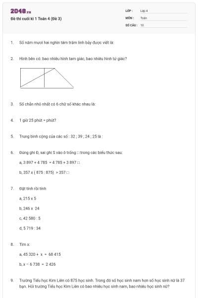 Đề thi cuối kì 1 Toán 4 (Đề 3)