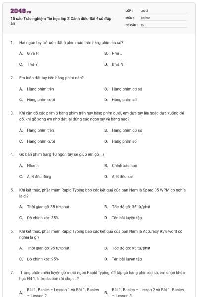 15 câu Trắc nghiệm Tin học lớp 3 Cánh diều Bài 4 có đáp án