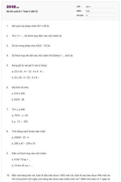 Đề thi cuối kì 1 Toán 4 (Đề 5)