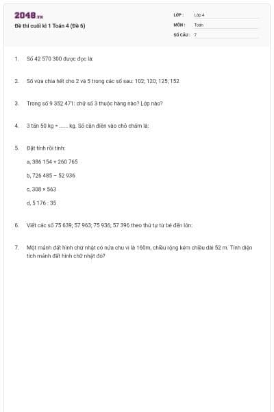 Đề thi cuối kì 1 Toán 4 (Đề 6)