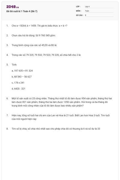 Đề thi cuối kì 1 Toán 4 (Đề 7)
