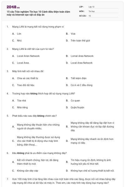 15 câu Trắc nghiệm Tin học 10 Cánh diều Điện toán đám mây và Internet vạn vật có đáp án