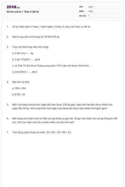 Đề thi cuối kì 1 Toán 4 (Đề 8)