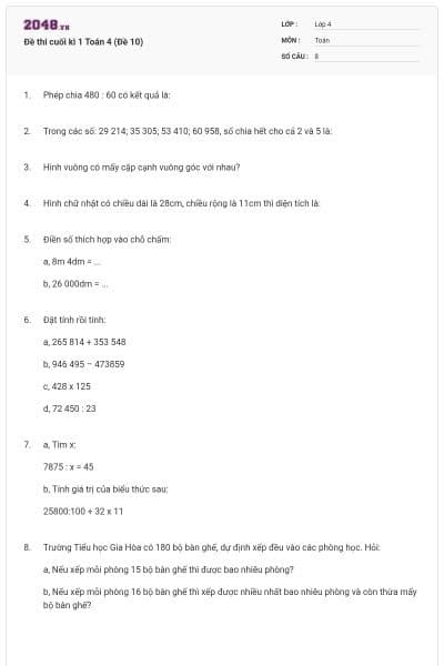 Đề thi cuối kì 1 Toán 4 (Đề 10)