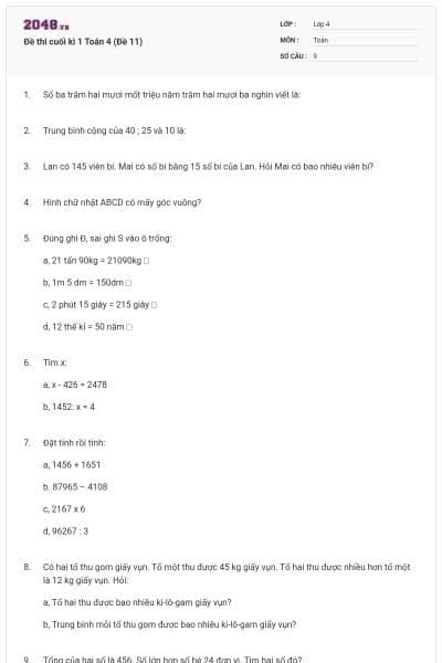 Đề thi cuối kì 1 Toán 4 (Đề 11)