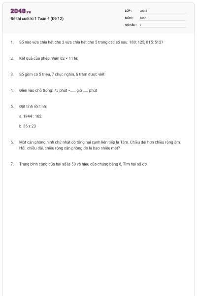 Đề thi cuối kì 1 Toán 4 (Đề 12)