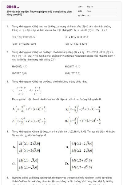 200 câu trắc nghiệm Phương pháp tọa độ trong không gian nâng cao (P5)