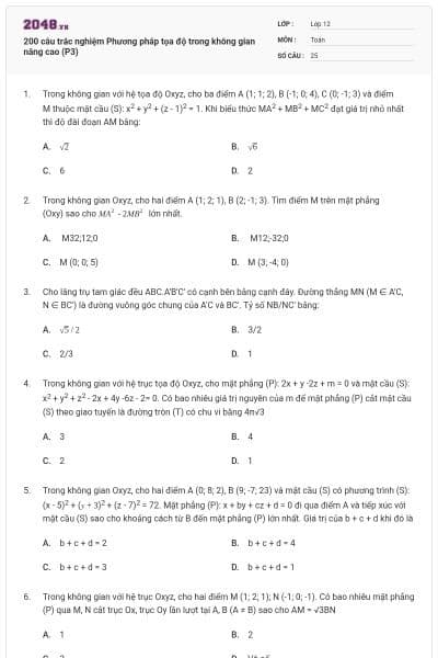 200 câu trắc nghiệm Phương pháp tọa độ trong không gian nâng cao (P3)
