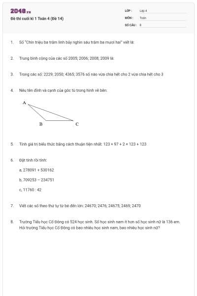 Đề thi cuối kì 1 Toán 4 (Đề 14)