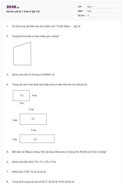 Đề thi cuối kì 1 Toán 4 (Đề 15)