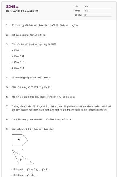 Đề thi cuối kì 1 Toán 4 (Đề 16)