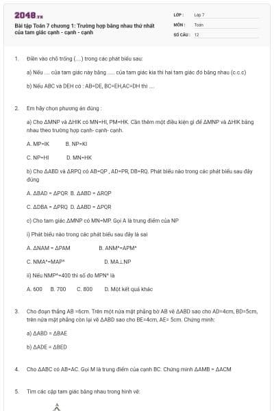 Bài tập Toán 7 chương 1: Trường hợp bằng nhau thứ nhất của tam giác cạnh - cạnh - cạnh