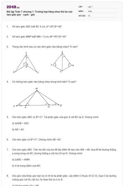Bài tập Toán 7 chương 1: Trường hợp bằng nhau thứ ba của tam giác góc - cạnh - góc