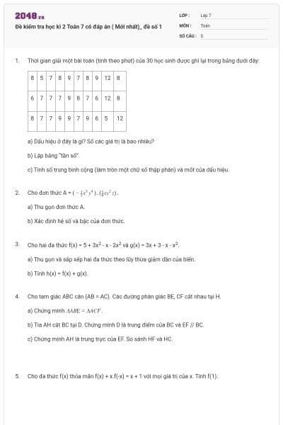 Đề kiểm tra học kì 2 Toán 7 có đáp án ( Mới nhất)_ đề số 1