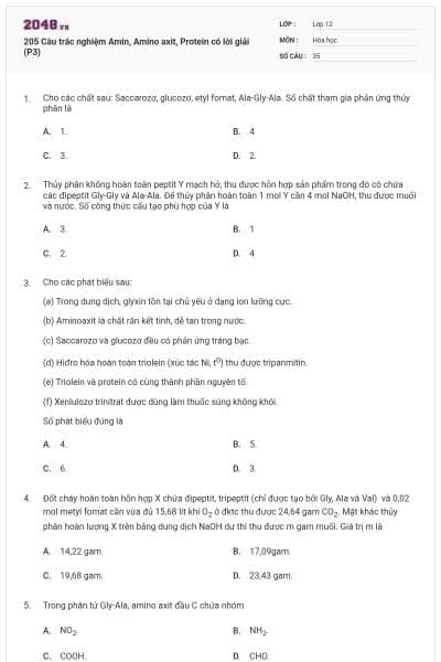 205 Câu trắc nghiệm Amin, Amino axit, Protein có lời giải (P3)