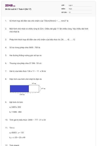 Đề thi cuối kì 1 Toán 4 (Đề 17)