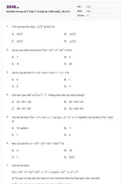 Đề kiểm tra học kì 2 Toán 7 có đáp án ( Mới nhất)_ đề số 3