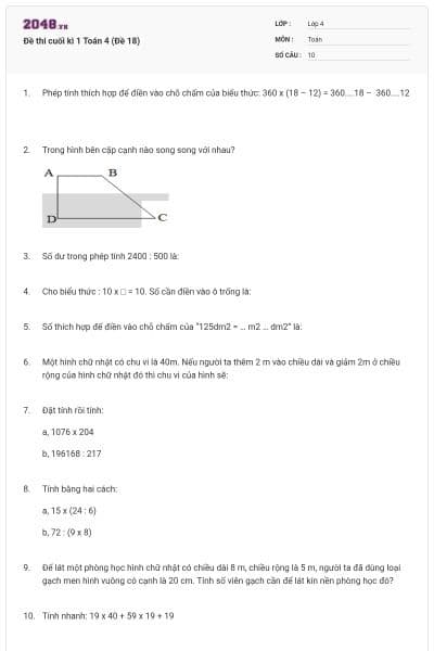 Đề thi cuối kì 1 Toán 4 (Đề 18)