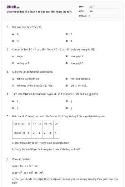 Đề kiểm tra học kì 2 Toán 7 có đáp án ( Mới nhất)_ đề số 4