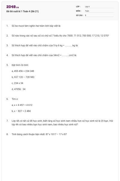 Đề thi cuối kì 1 Toán 4 (Đề 21)