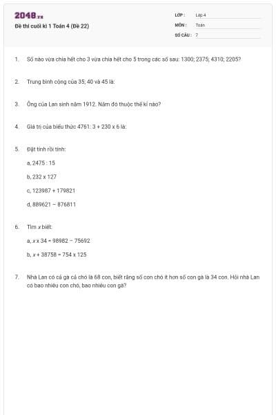 Đề thi cuối kì 1 Toán 4 (Đề 22)