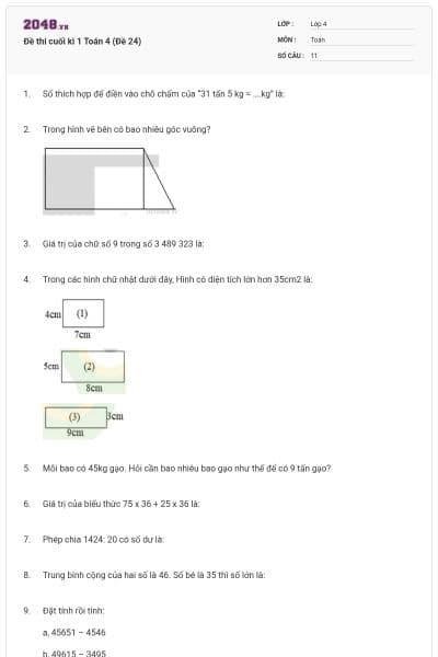 Đề thi cuối kì 1 Toán 4 (Đề 24)