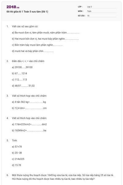 Đề thi giữa kì 1 Toán 5 sưu tầm (Đề 1)