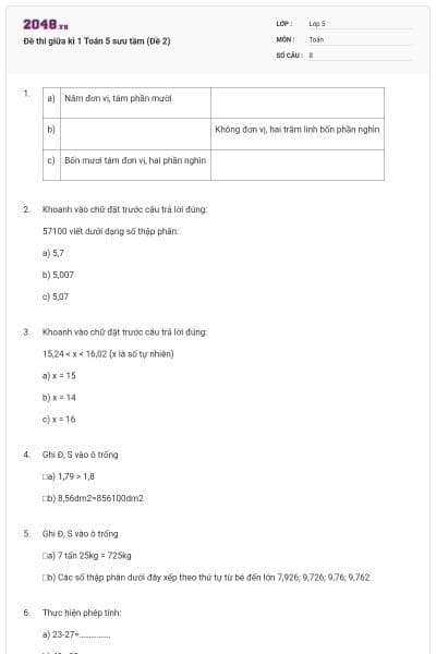 Đề thi giữa kì 1 Toán 5 sưu tầm (Đề 2)
