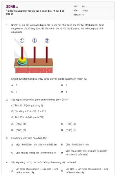15 Câu Trắc nghiệm Tin học lớp 3 Cánh diều F1 Bài 1 có đáp án