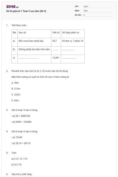 Đề thi giữa kì 1 Toán 5 sưu tầm (Đề 3)