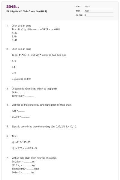 Đề thi giữa kì 1 Toán 5 sưu tầm (Đề 4)