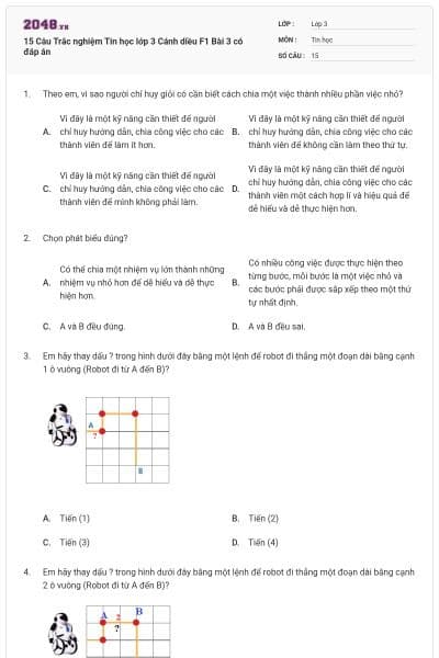 15 Câu Trắc nghiệm Tin học lớp 3 Cánh diều F1 Bài 3 có đáp án