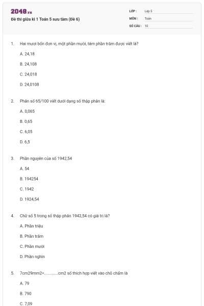 Đề thi giữa kì 1 Toán 5 sưu tầm (Đề 6)