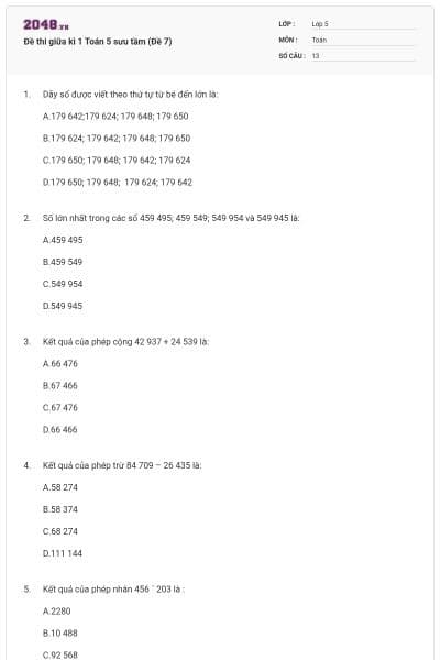 Đề thi giữa kì 1 Toán 5 sưu tầm (Đề 7)