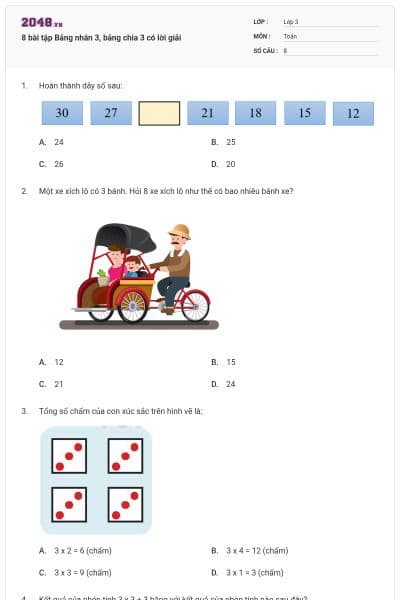 8 bài tập Bảng nhân 3, bảng chia 3 có lời giải