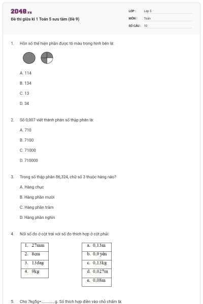 Đề thi giữa kì 1 Toán 5 sưu tầm (Đề 9)