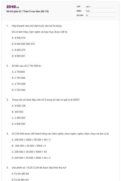 Đề thi giữa kì 1 Toán 5 sưu tầm (Đề 10)