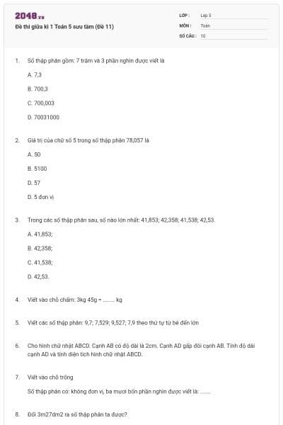 Đề thi giữa kì 1 Toán 5 sưu tầm (Đề 11)