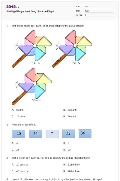 8 bài tập Bảng nhân 4, bảng chia 4 có lời giải