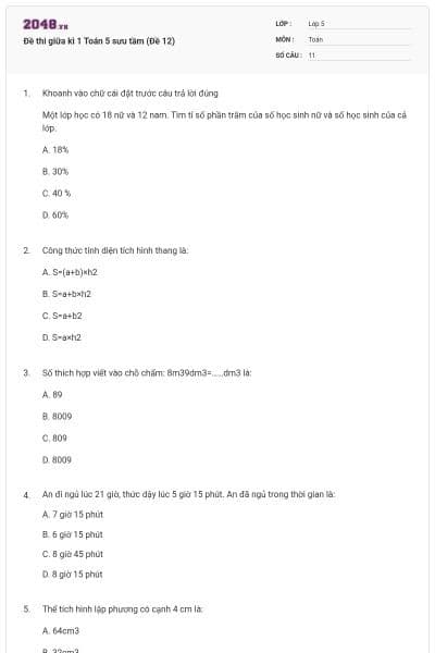 Đề thi giữa kì 1 Toán 5 sưu tầm (Đề 12)