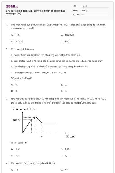 270 Bài tập Kim loại kiềm, Kiềm thổ, Nhôm ôn thi Đại học có lời giải (P4)