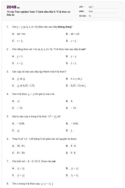 15 câu Trắc nghiệm Toán 7 Cánh diều Bài 5: Tỉ lệ thức có đáp án