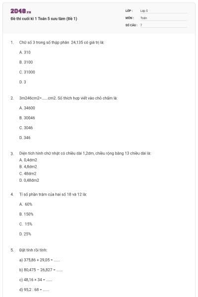 Đề thi cuối kì 1 Toán 5 sưu tầm (Đề 1)
